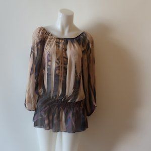 WOMENS AMORE COUTURE TAUPE PLUM SEMI SHEER PEASANT TOP L *